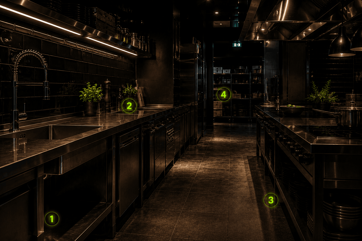 Cuisine professionnelle sombre et zones techniques favorables aux blattes