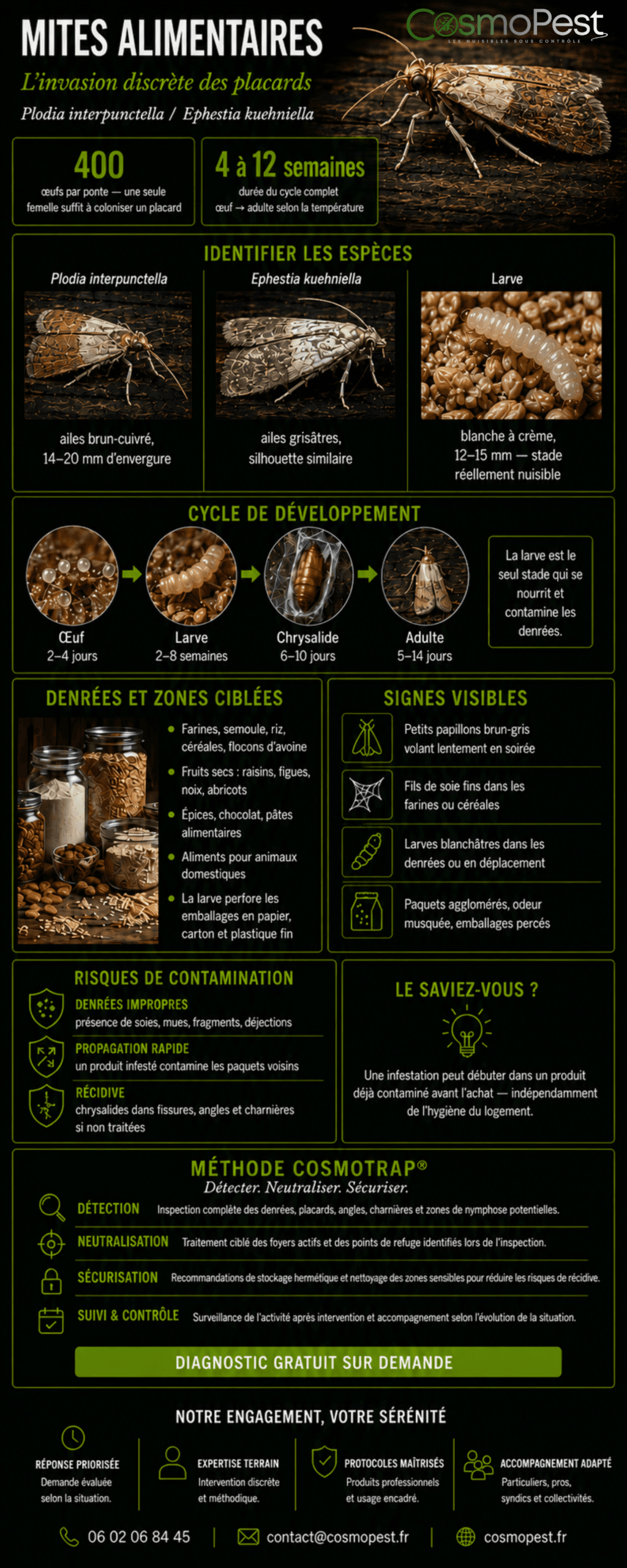Infographie mites alimentaires — cycle, signes, risques — CosmoPest