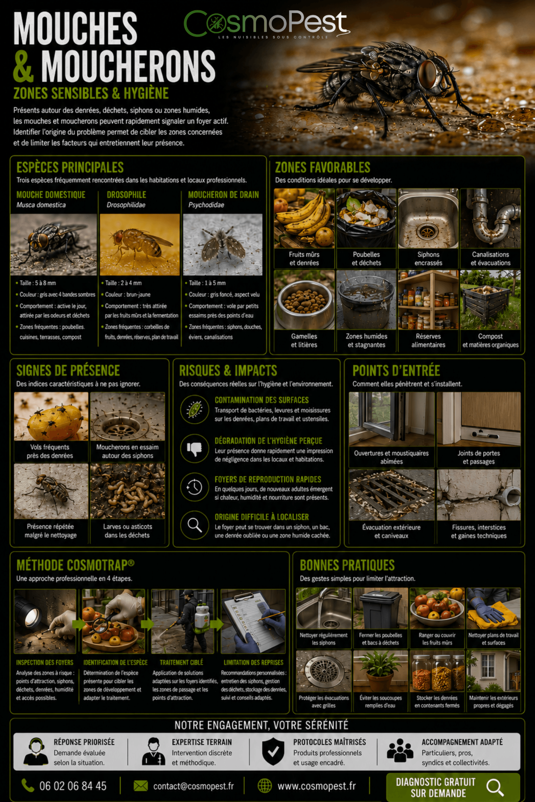 Infographie mouches et moucherons — identification, cycle, zones d’attraction, risques