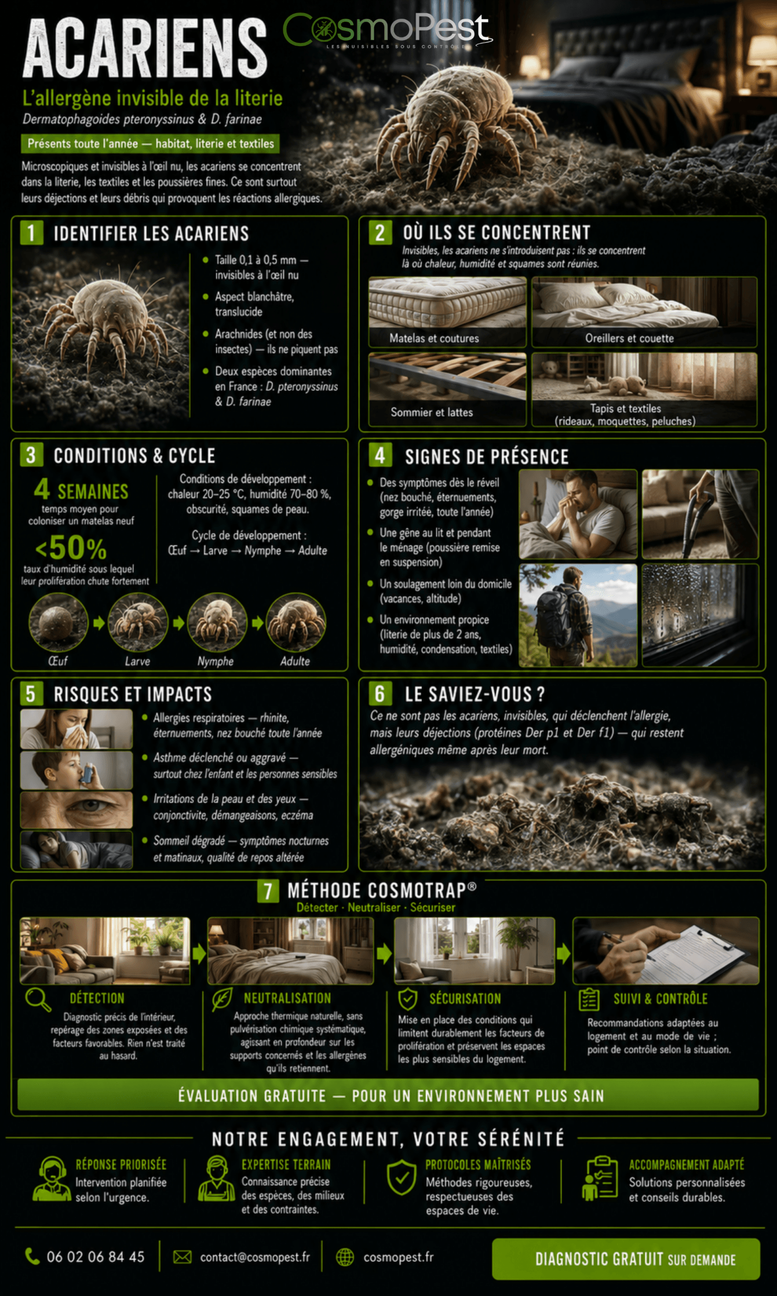 Infographie acariens — identification, réservoirs, conditions, risques et méthode
