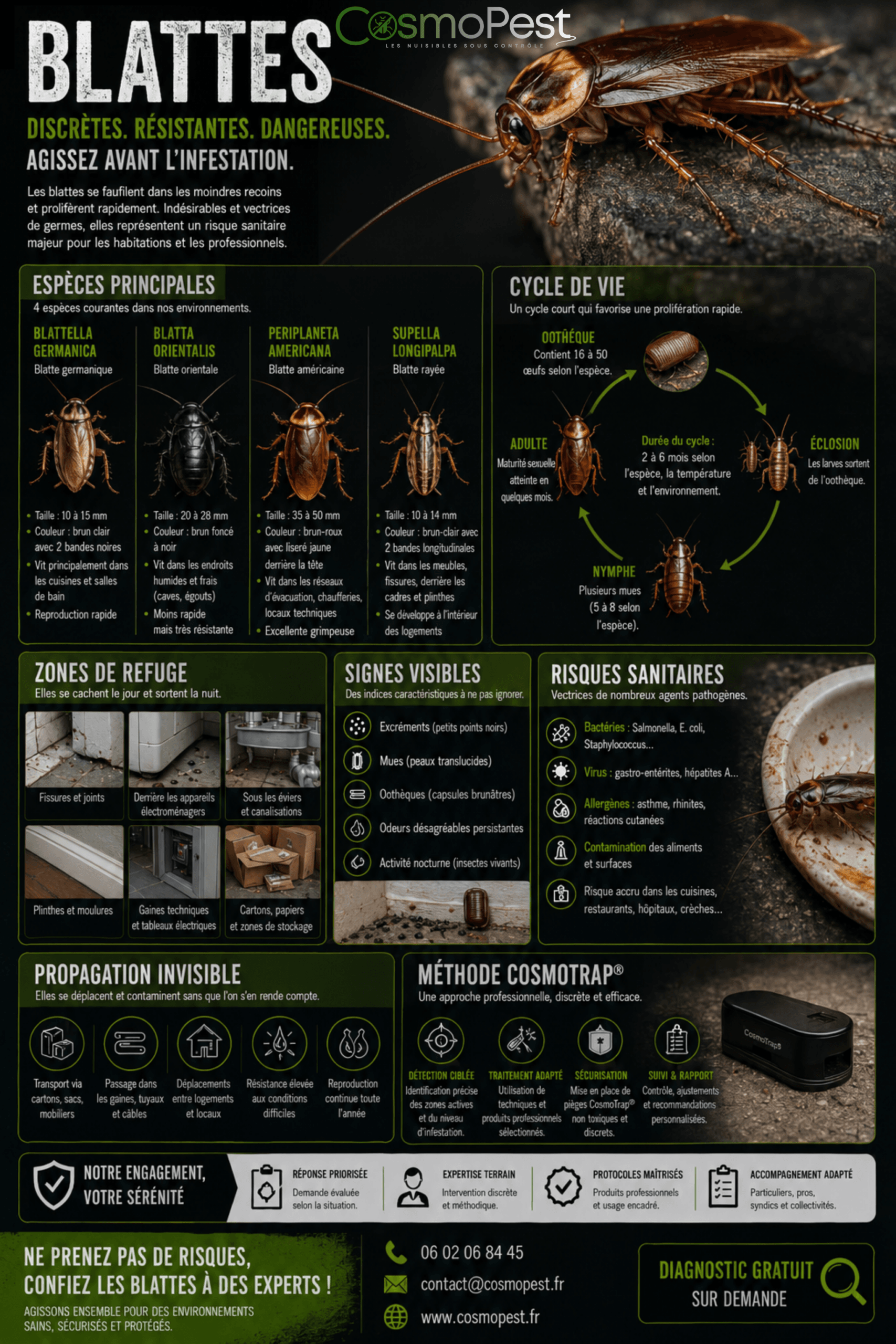 Infographie blattes cafards — identification et traitement CosmoPest Alpes-Maritimes