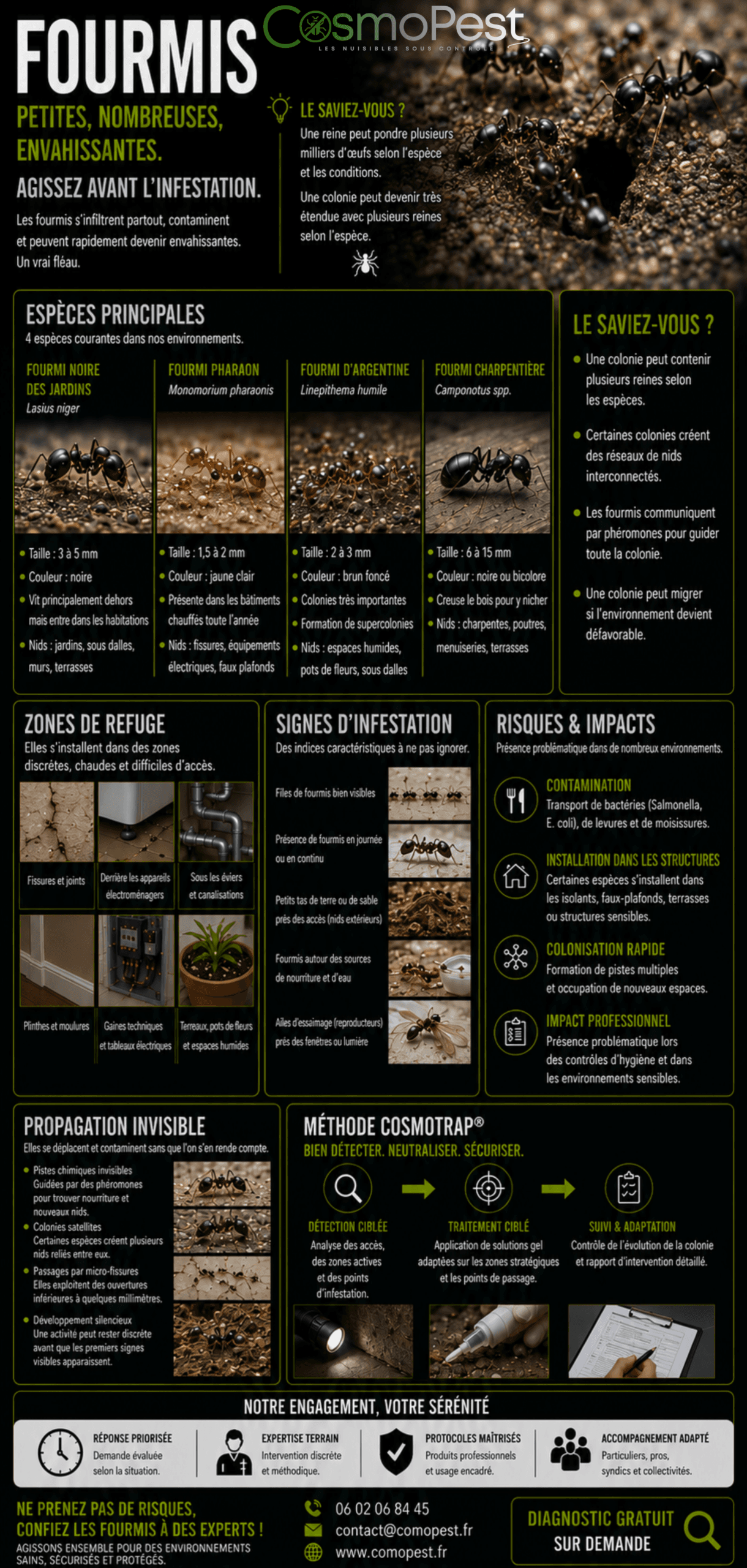 Infographie fourmis — identification et traitement anti-fourmis CosmoPest Alpes-Maritimes