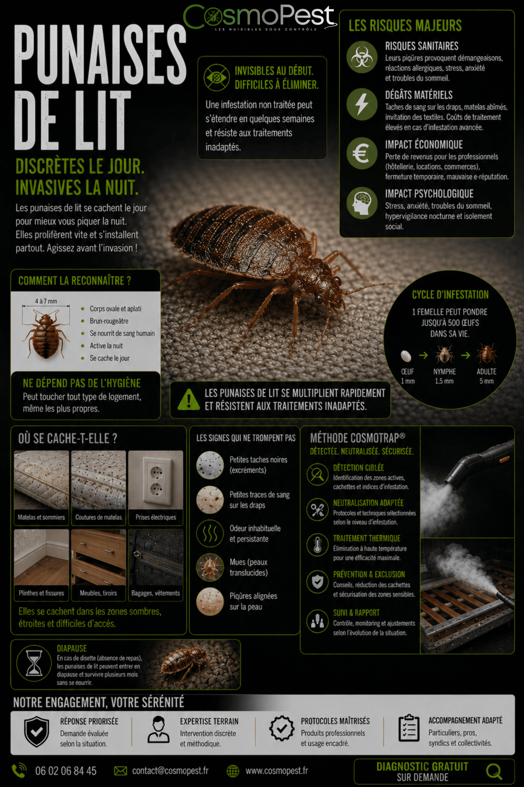 Infographie punaises de lit — identification et traitement CosmoPest Alpes-Maritimes