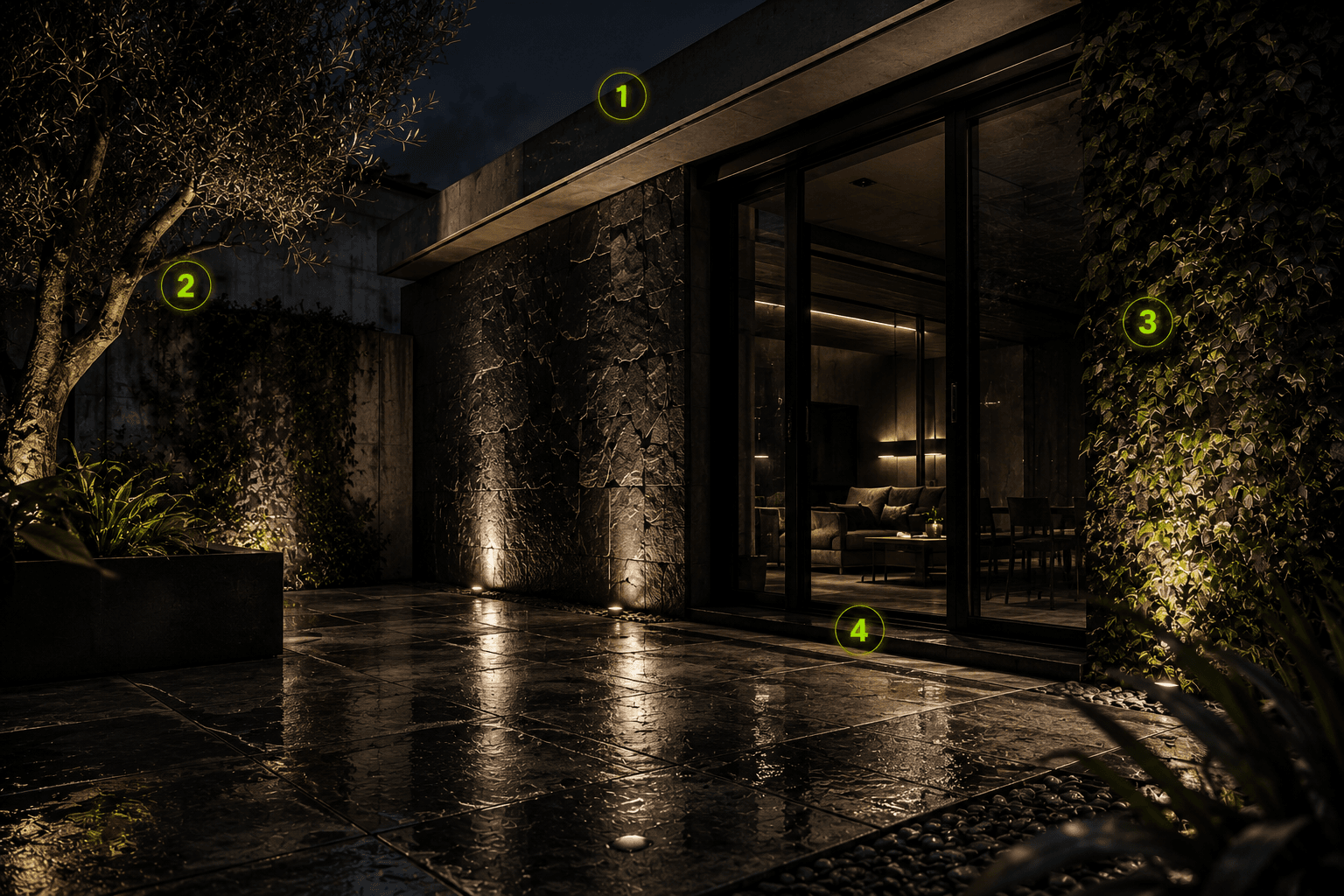 Terrasse extérieure de nuit avec quatre zones d’entrée des fourmis annotées