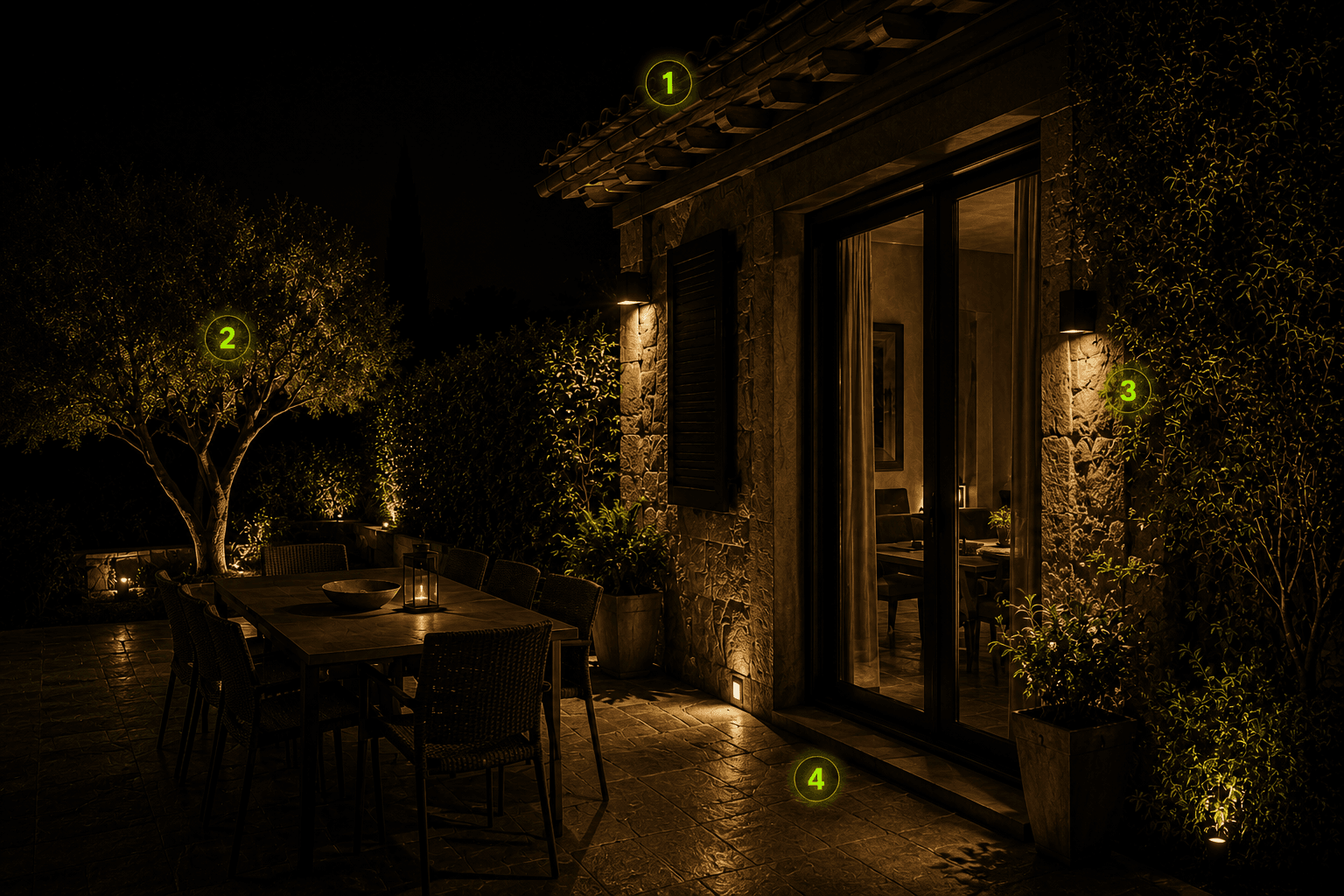 Terrasse méditerranéenne de nuit — zones possibles de nidification frelons et guêpes