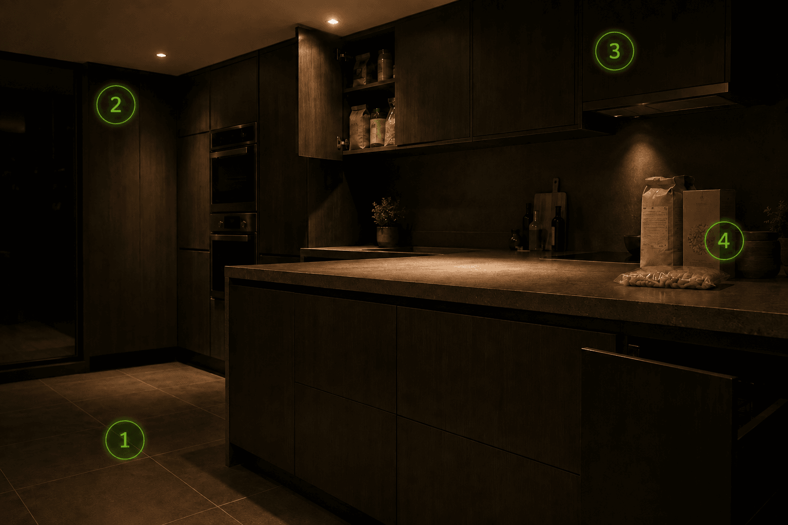 Cuisine nocturne premium — zones d'installation des mites alimentaires — CosmoPest