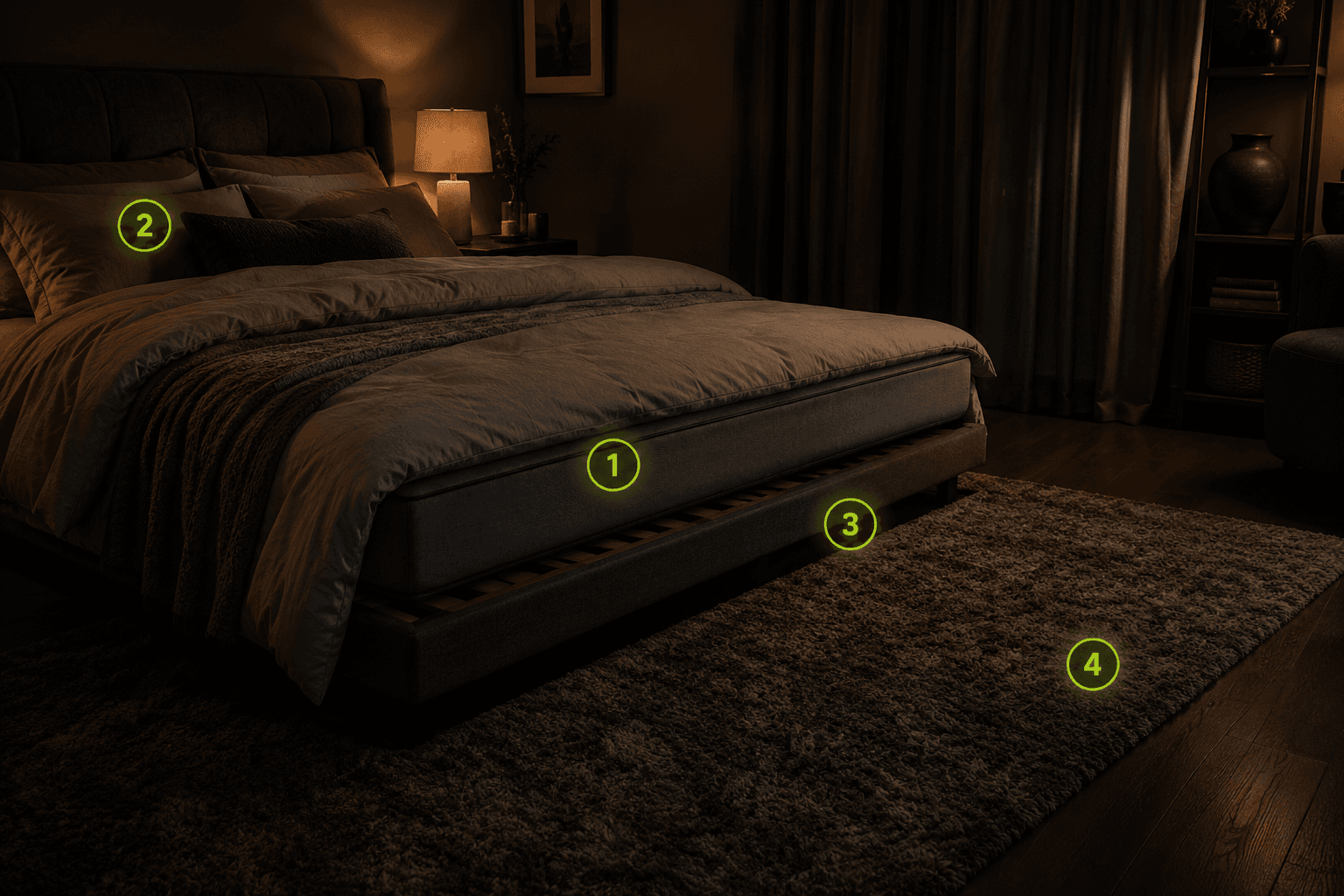 Chambre premium nocturne — réservoirs d'acariens dans la literie