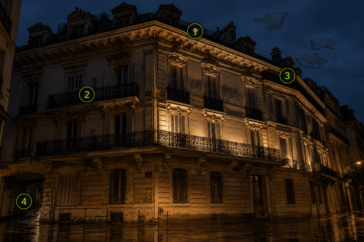 Toiture et façade urbaine avec zones favorables à l'installation des pigeons annotées